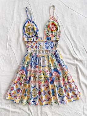 Multicolor Tile-Print Spaghetti Strap Summer Dress